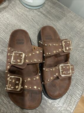 ASOS Brown Studded Double-Buckle  Slide Sandals with Gold Accents